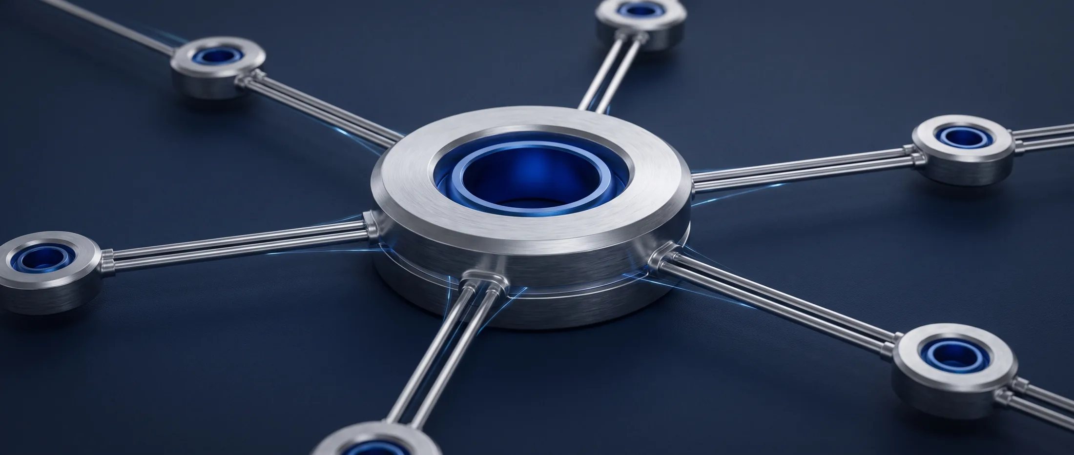 Zentraler Knoten aus gebürstetem Titan, der über sechs Leitungen mit weiteren Knoten verbunden ist